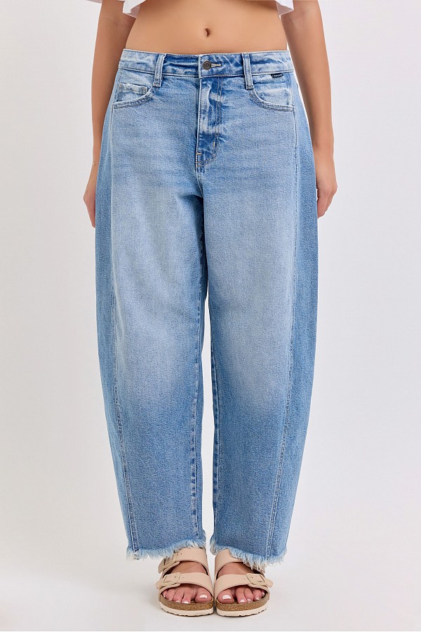Mid Waisted Barrel Leg with Side Panels and Frayed Hem